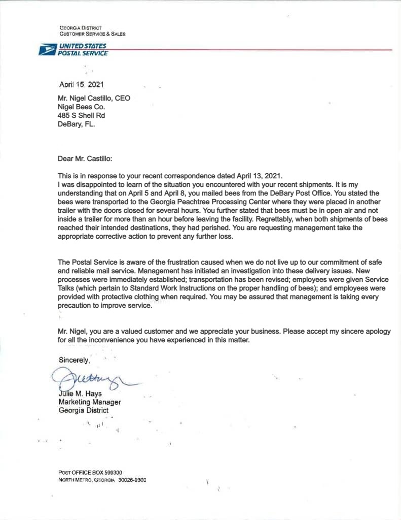 Official USPS Liability Letter